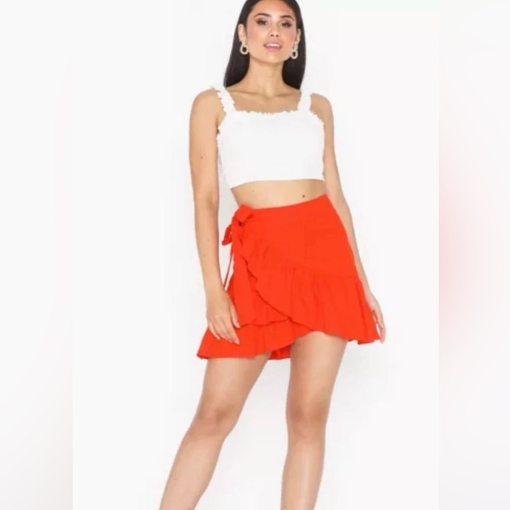 Romantic Ruffle Bow Mini Wrap Skirt Boho Y2k Linen Blend Red Top Shop Size 10